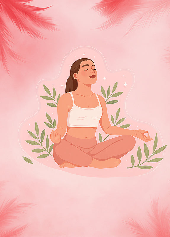 Illustration of a woman meditating with leaves on a pink background