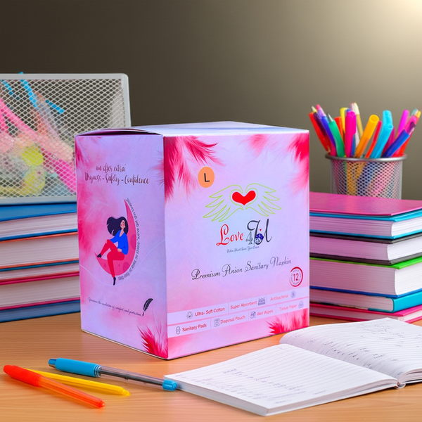 Pink box with 'Love & Lil' branding on a desk with books and pens