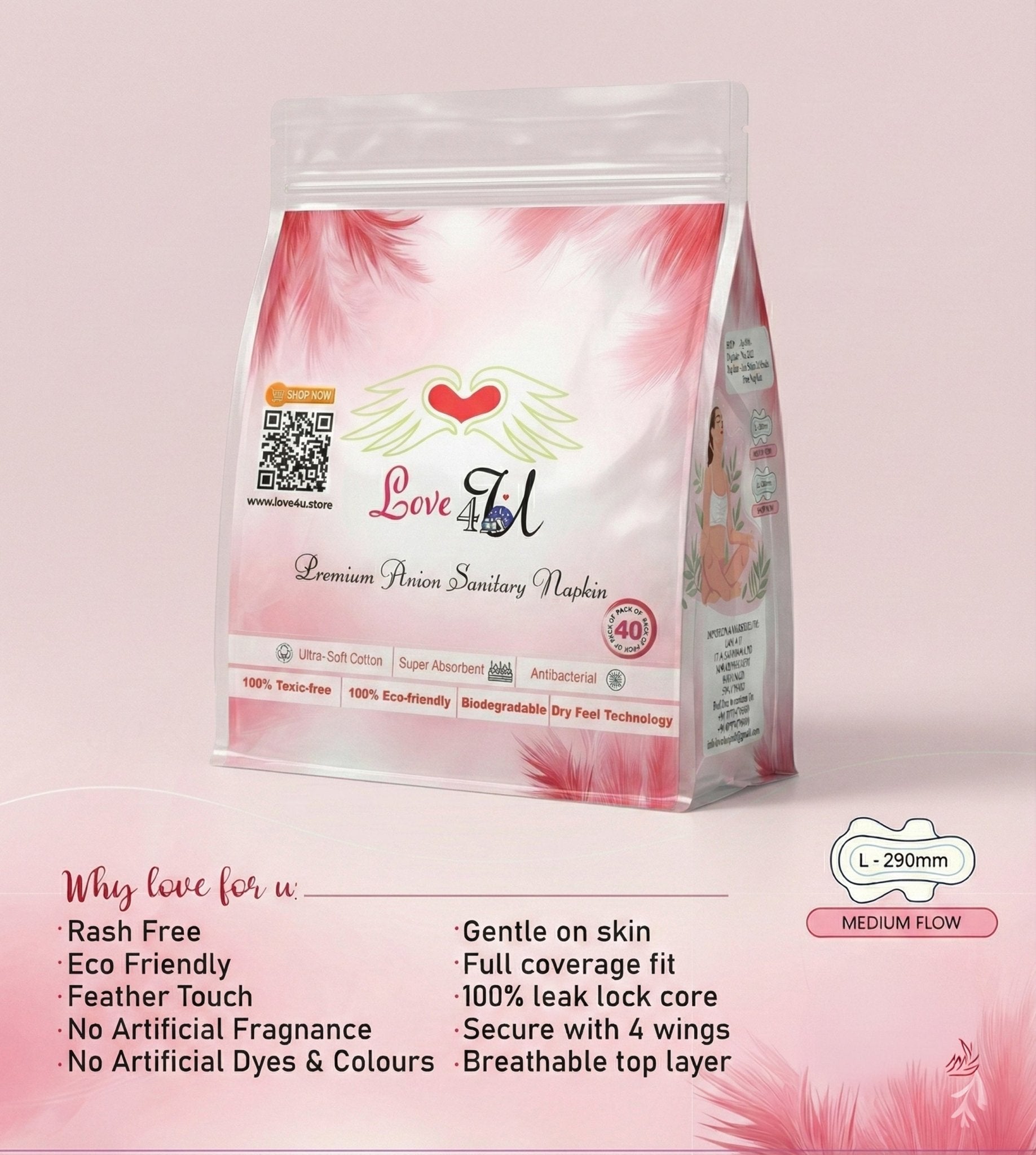Love4u Anion Sanitary Napkin 290mm - 40pcs - Love4u.store