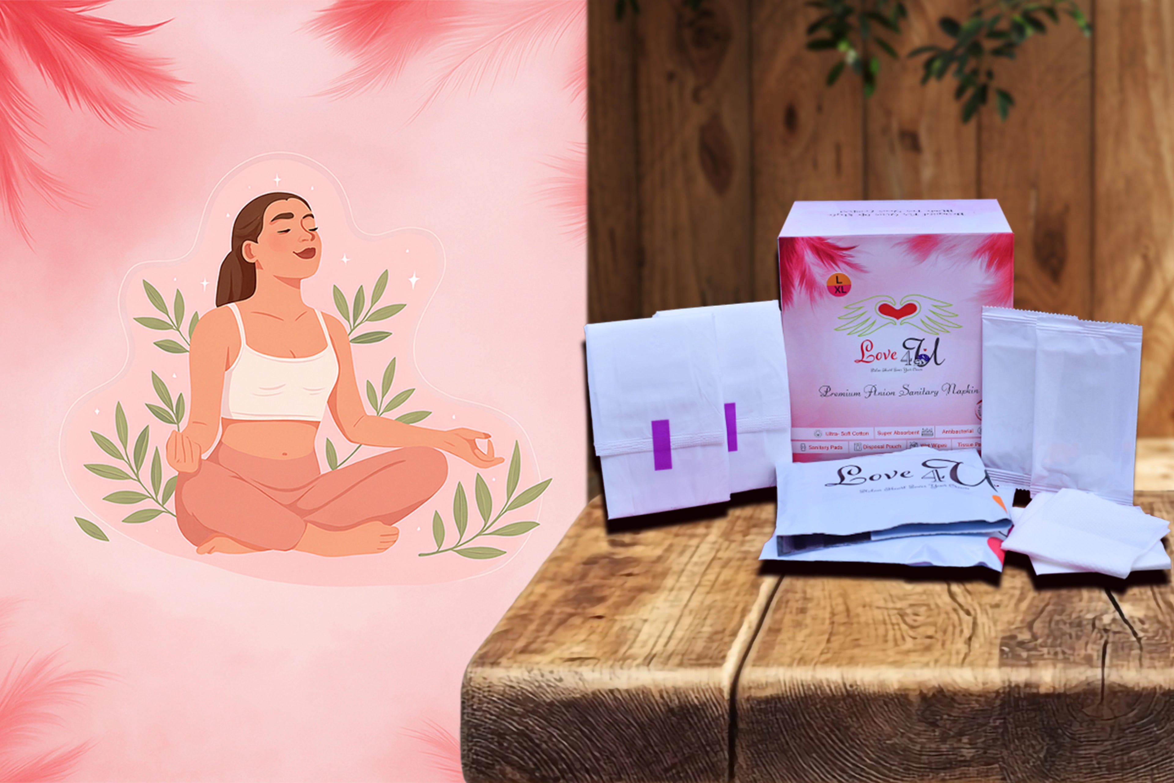 Product packaging with 'Love 7ly' branding on a wooden surface, featuring an illustrated woman in a meditative pose.