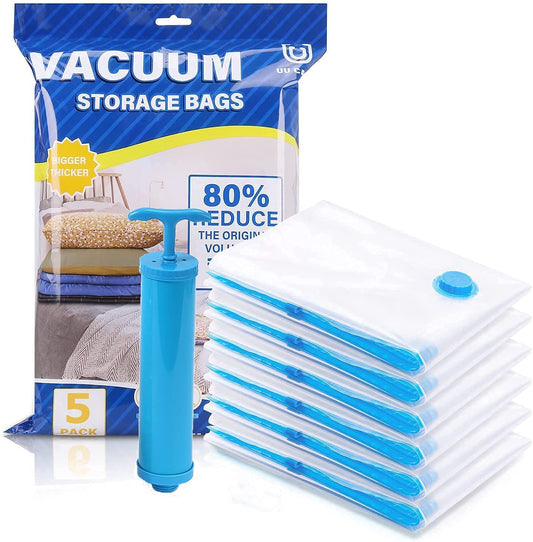 Reusable Ziplock Vacuum Storage Space Saver Plastic Bags for Clothes with Travel Hand Pump - Pack of 5 (2S (60Cmx80Cm), 2M (50Cmx70Cm), 1L(80Cmx100Cm)) - White - Love4u.store